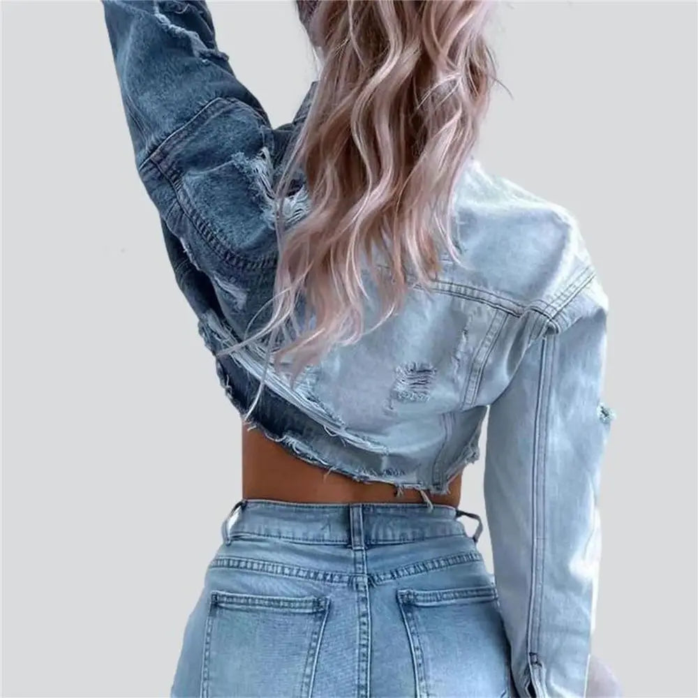 Women Denim Crop Jacket Fashion Vintage Retro Holes Long Sleeve Pockets Coat Top Female Casual Short Clothes Streetwear