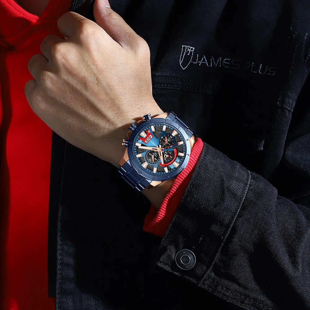CURREN Sports Big Dial Men's Chronograph Watch with Matte Stainless Steel Band Luminous Hands Casual Quartz Wristwatch 8401