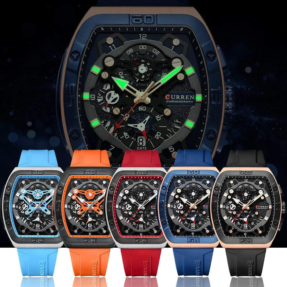 CURREN Men's Chronograph Watch Tonneau Case Design with Sport Silicone Strap Red and Black Quartz Wristwatches for Men