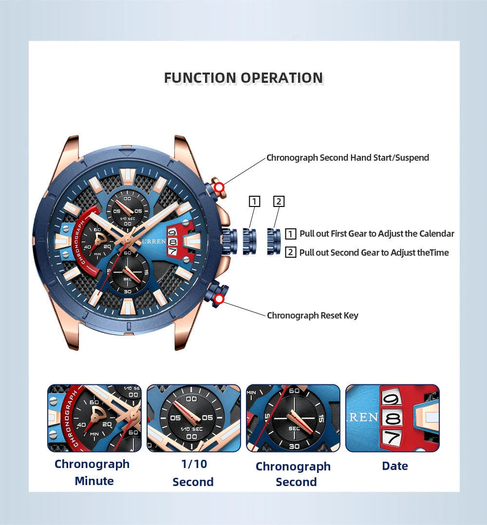 CURREN Sports Big Dial Men's Chronograph Watch with Matte Stainless Steel Band Luminous Hands Casual Quartz Wristwatch 8401