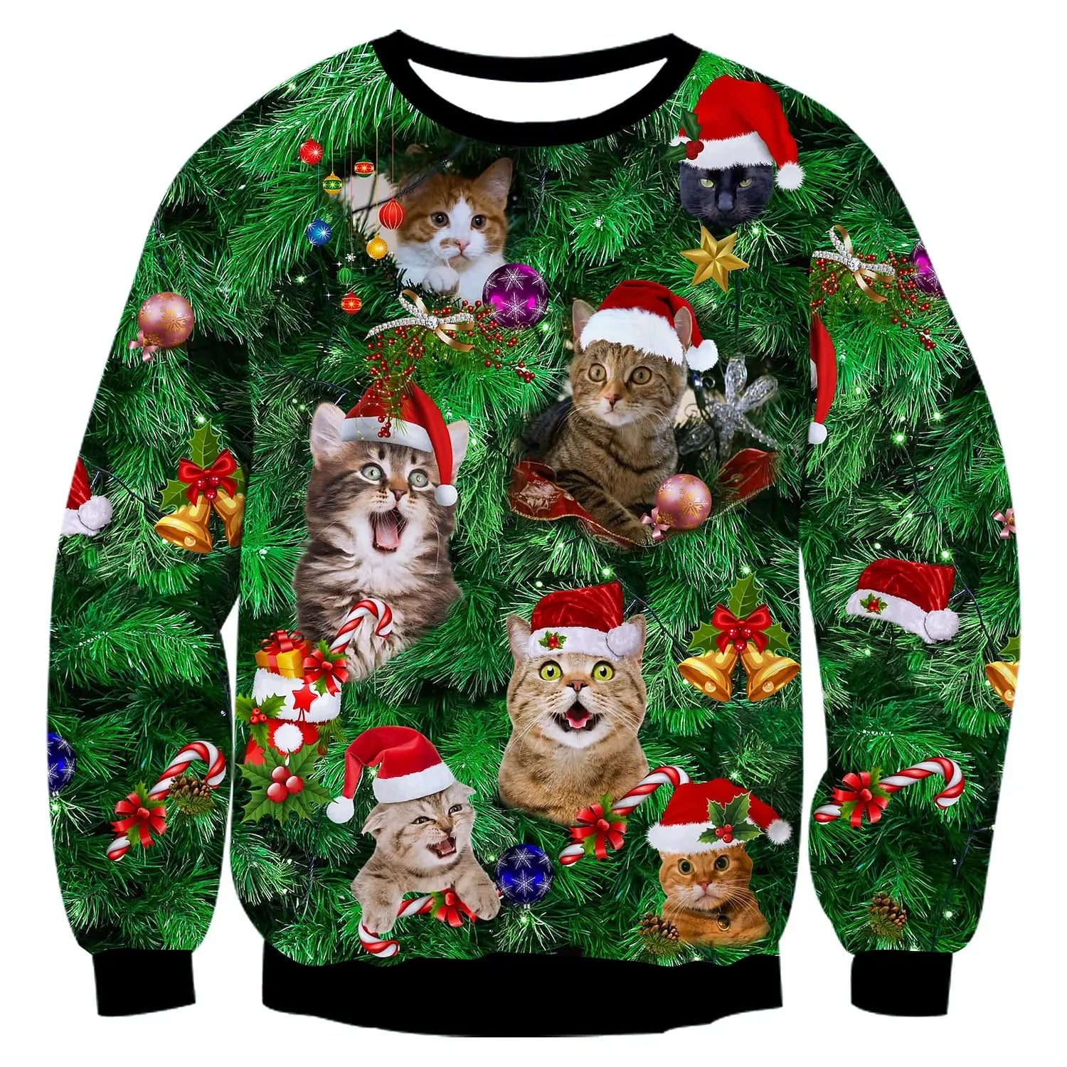 Men's Christmas Sweatshirt Festive Abstract Kitten Print Merry Christmas Crew Neck Pullover Party Casual Christmas Sweatshirt