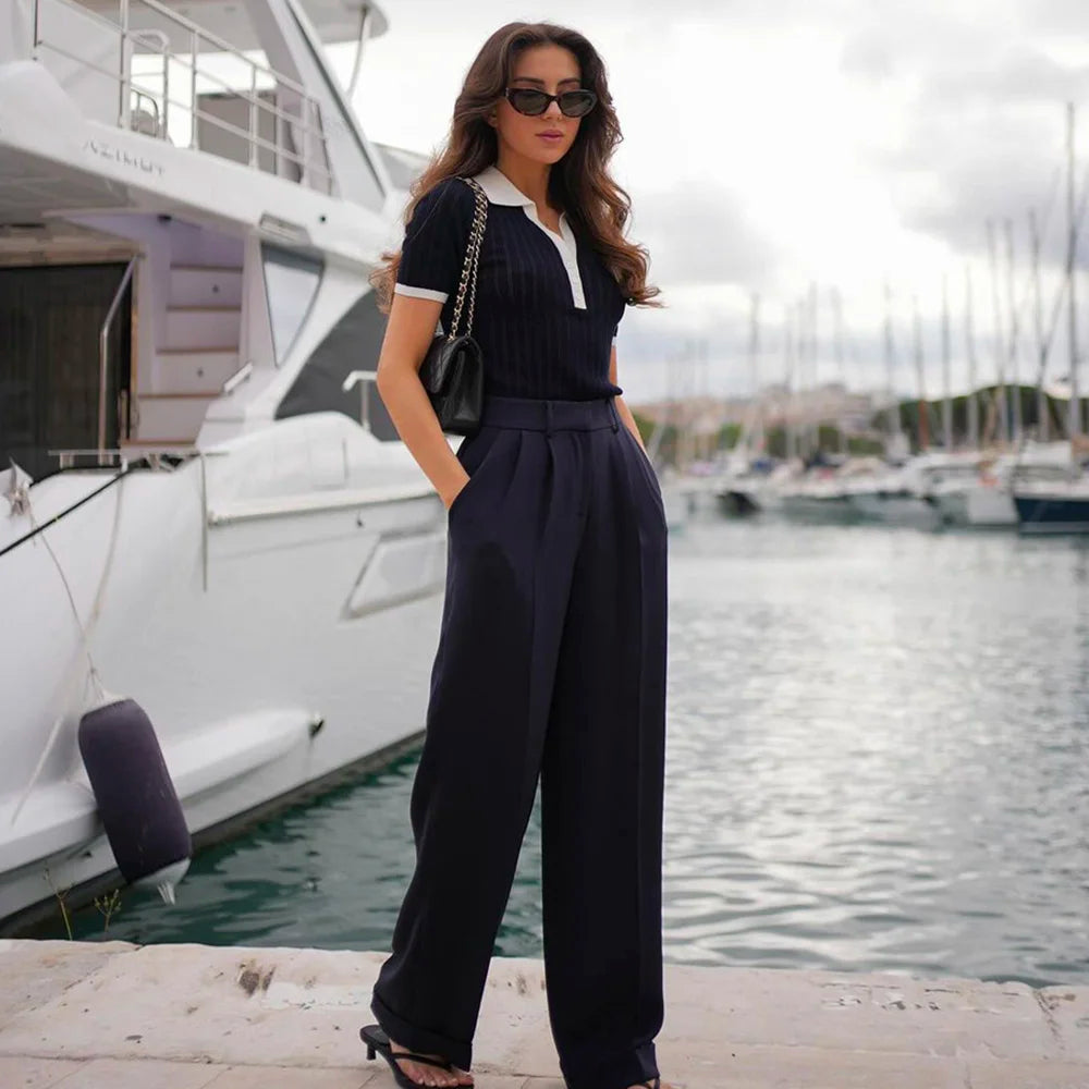 Talenza Elegant Patchwork Knitted Pullover Women's Fashion Lapel Contrast Color Sweater Casual Slim Fit Knitted Pullover T-Shirt