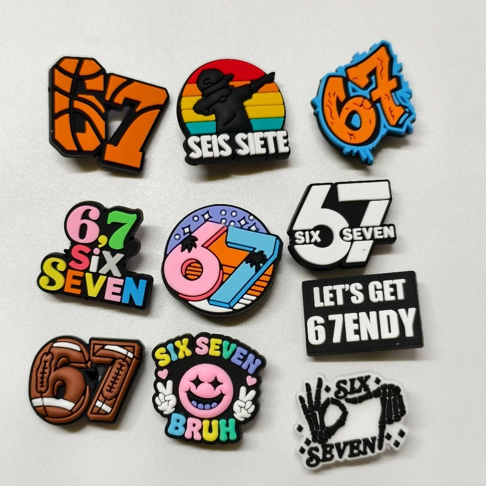 10pcs Set "67" Themed PVC Shoe Charms No. 67 Decor Soft Rubber for Sandals Slippers Bag Book Back-to-School 67 Element Classroom