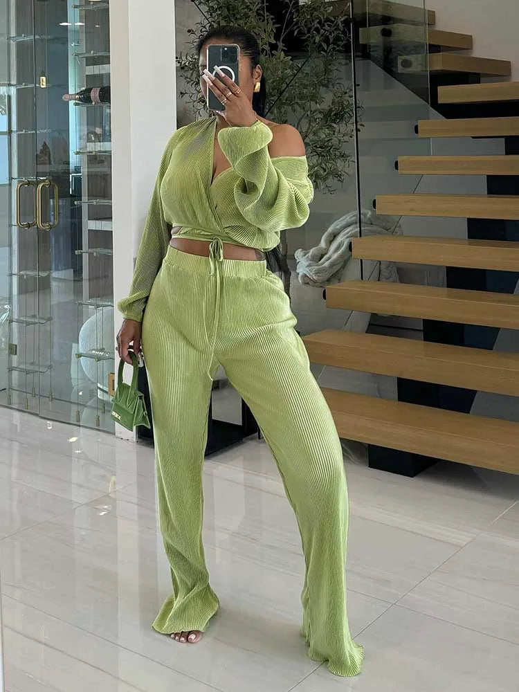 Elegant Draped Lounge Set – 2-Piece V-Neck Top & Elastic Waist Pants Outfit for Women