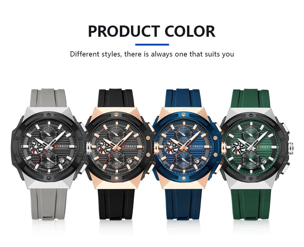 CURREN Sporty Men's Watch with Chronograph & Luminous Hands - Silicone Strap Quartz Wristwatch for Man Auto Date Business Casual