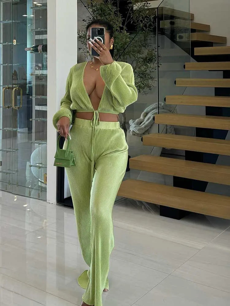 Elegant Draped Lounge Set – 2-Piece V-Neck Top & Elastic Waist Pants Outfit for Women