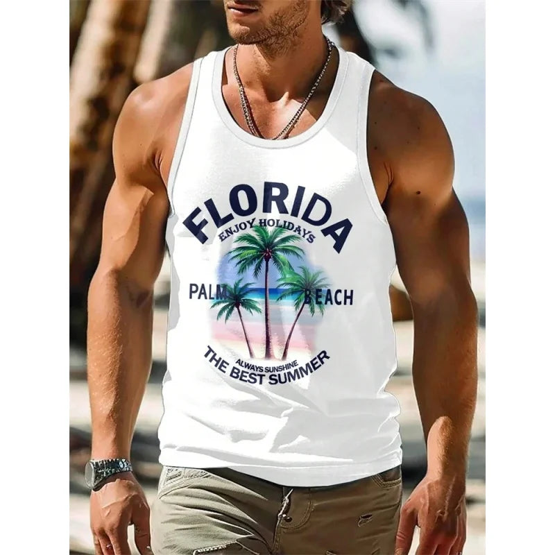 3D Printed Coconut Trees Tank Tops For Man Gradient Sea Fish Pattern Tees Summer Casual Vest Oversized Sports Street Tank Top