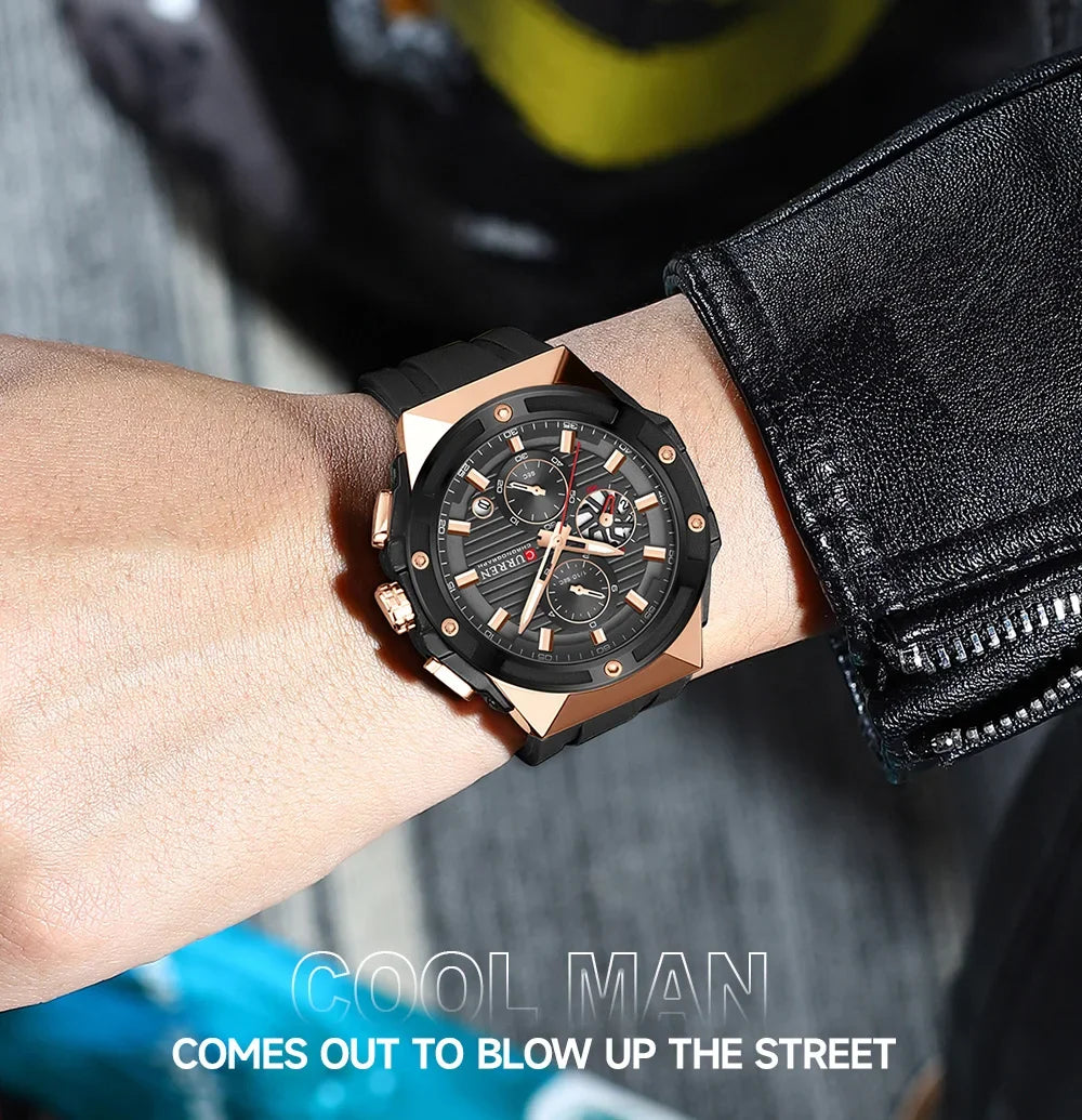 CURREN Sporty Men's Watch with Chronograph & Luminous Hands - Silicone Strap Quartz Wristwatch for Man Auto Date Business Casual