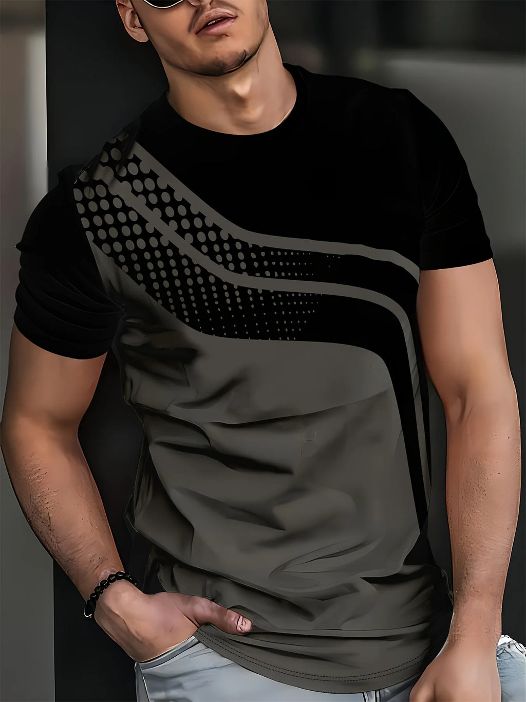 Breathable Polyester Short Sleeve Tee Men's Fashionable Digital Print Short Sleeve T-Shirt in Black & Gray Stripes - Breathable