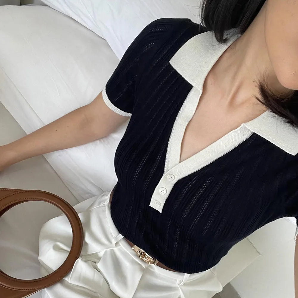 Talenza Elegant Patchwork Knitted Pullover Women's Fashion Lapel Contrast Color Sweater Casual Slim Fit Knitted Pullover T-Shirt