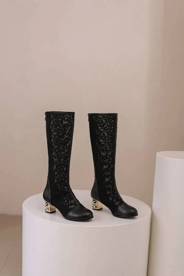 Spring and Autumn New Style Fashion square Heel Mesh Hollow Women's Boots Sweet Breathable knee high boots high 5.5cm size 34-47