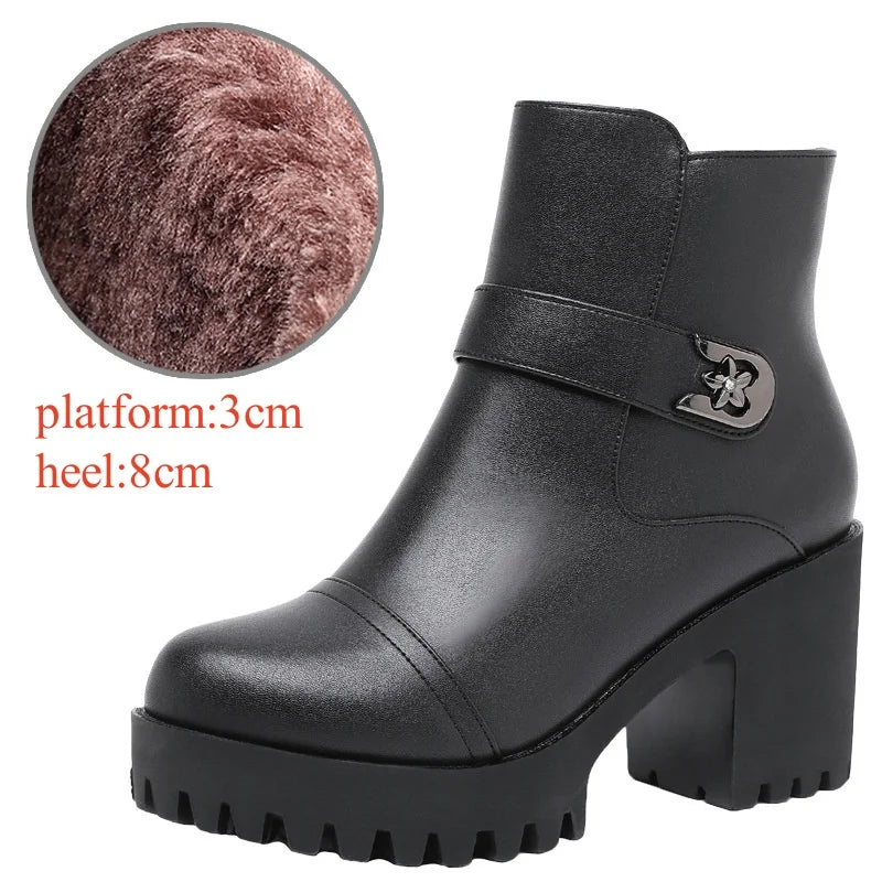 8cm Small Size 32-43 Thick Bottom Motorcycle Boots Women Shoes Winter 2026 Block High Heels Soft Leather Ankle Boots Office Mom
