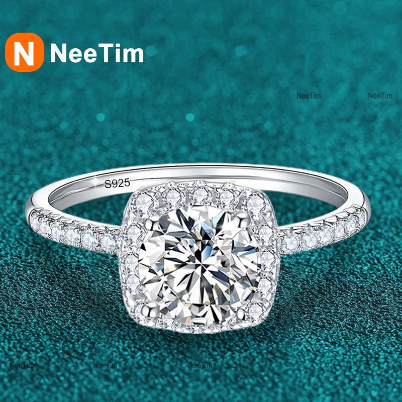 NeeTim D Color Moissanite Ring 925 Sterling Silver with White Gold Plated Lab Diamond Rings for Women Wedding Band Jewelry Gifts