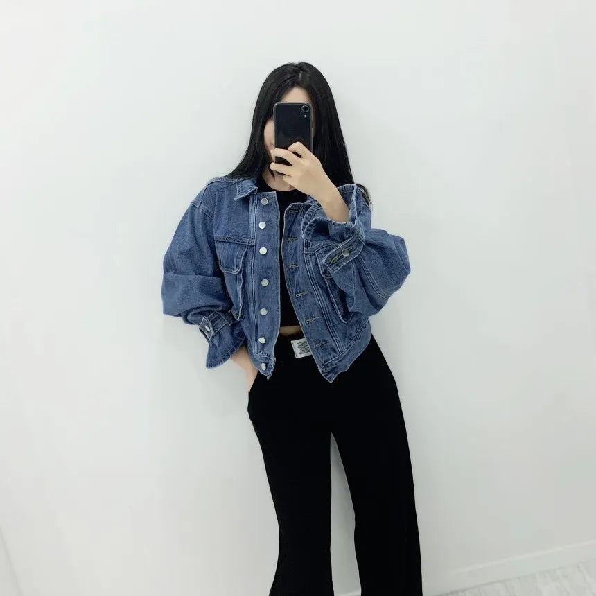 Women Denim Coat Short Jackets Turn Down Collar Full Sleeve Solid Casual Loose Single Breasted Coats Jacket Autumn Winter
