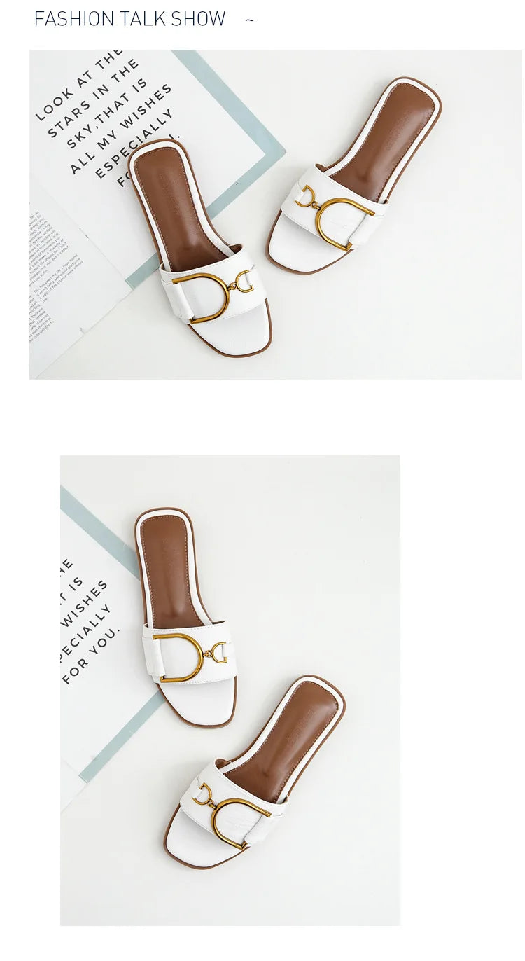 Women's Flat Slippers Summer Leather Square Toe Women Flats Flip Flops Designer Ladies Slides Sandals Women Shoes Luxury Sandals