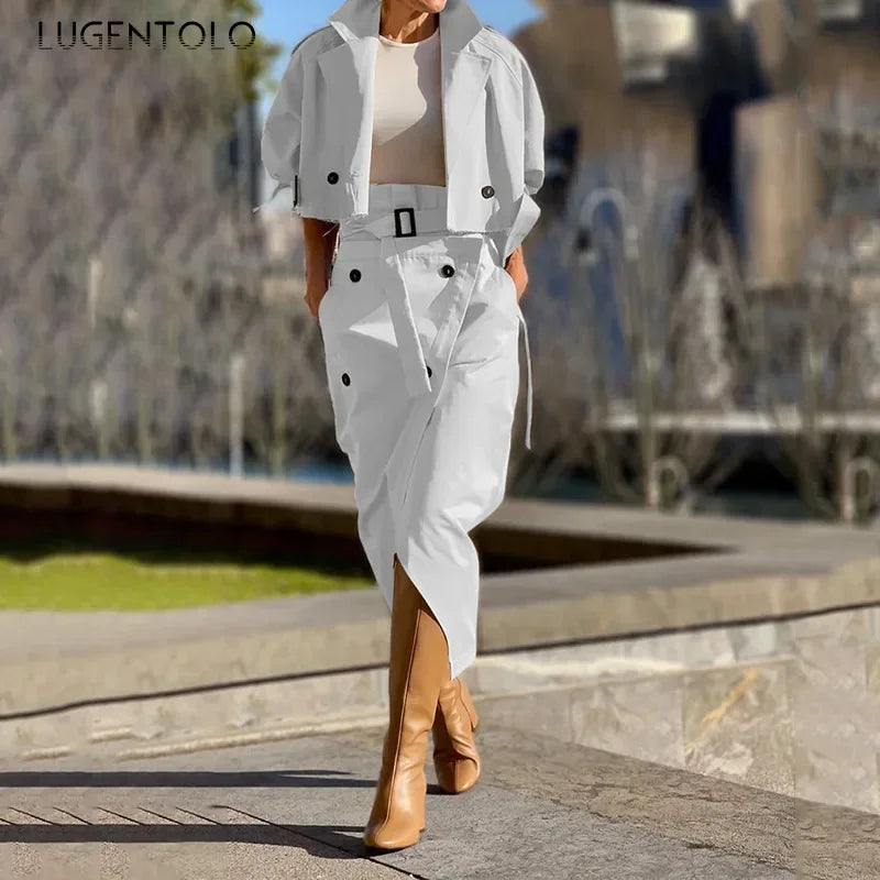 Luxe Urban Cargo Trench & Asymmetrical Skirt Set – Elegant Two-Piece Ensemble