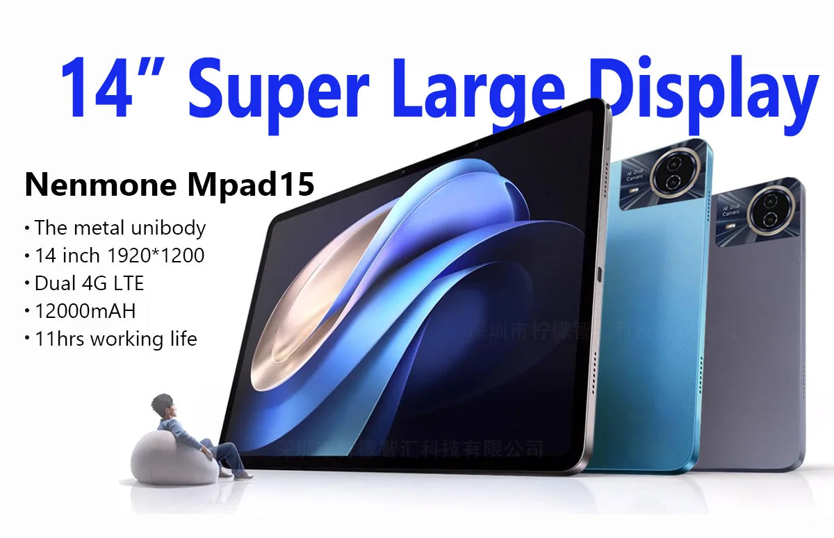 Mpad15 Large Screen 14 inch Tablet 16GB+512GB 1920*1200 IPS 4G Phone Call Android 15 Tablet 14' Octa Core 32+8MP Bluetooth WiFi