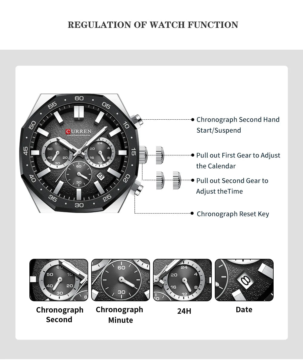 CURREN Fashion Casual Men Sports Watch Chronograph Silicone Belt Auto Date Dial Quartz Wristwatch Male Reloj Relogio Masculino