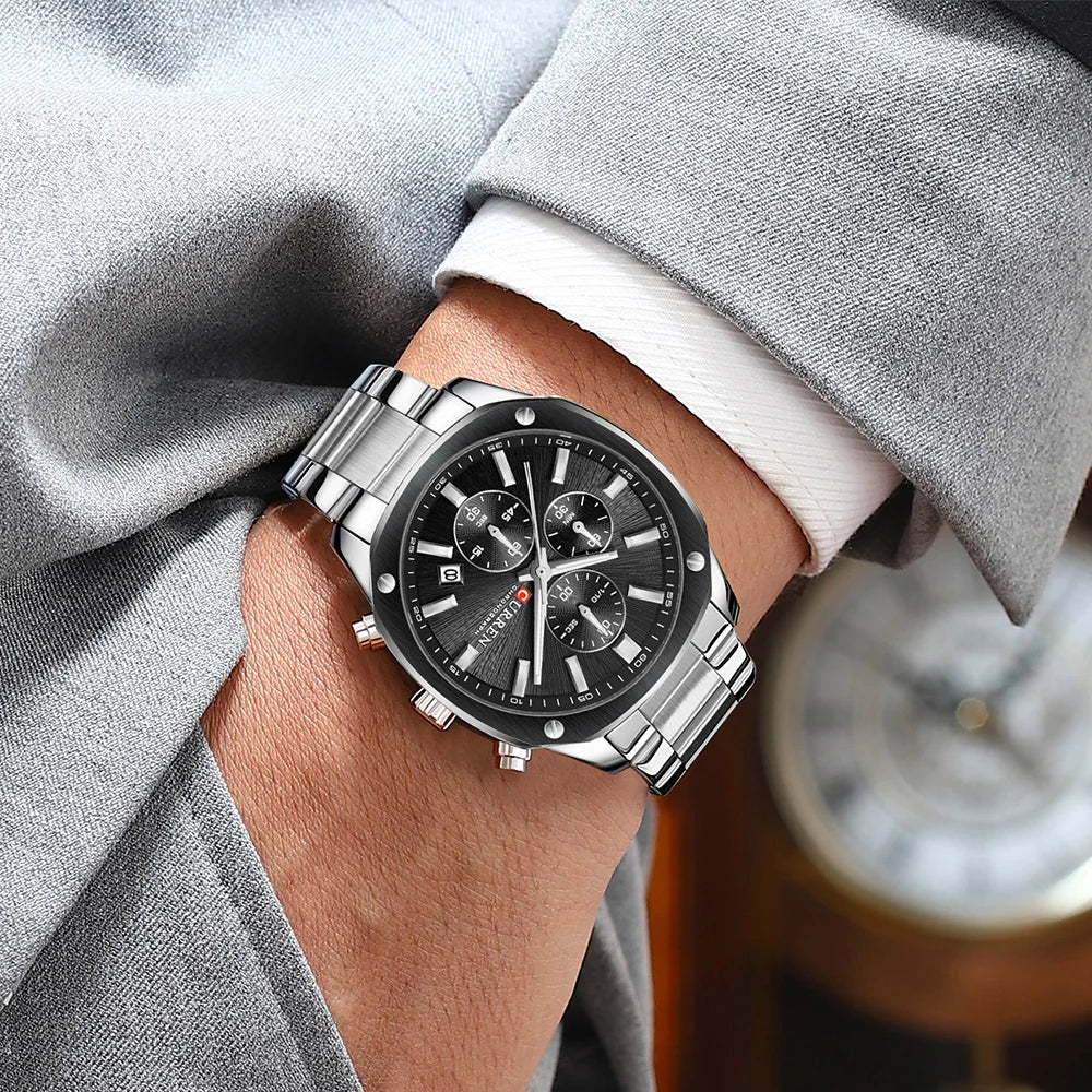 CURREN Modern Men's 42mm Sport Watch - Stainless Steel Band Chronograph & Date,Glow-in-the-Dark Hands, Casual Quartz Wristwatch