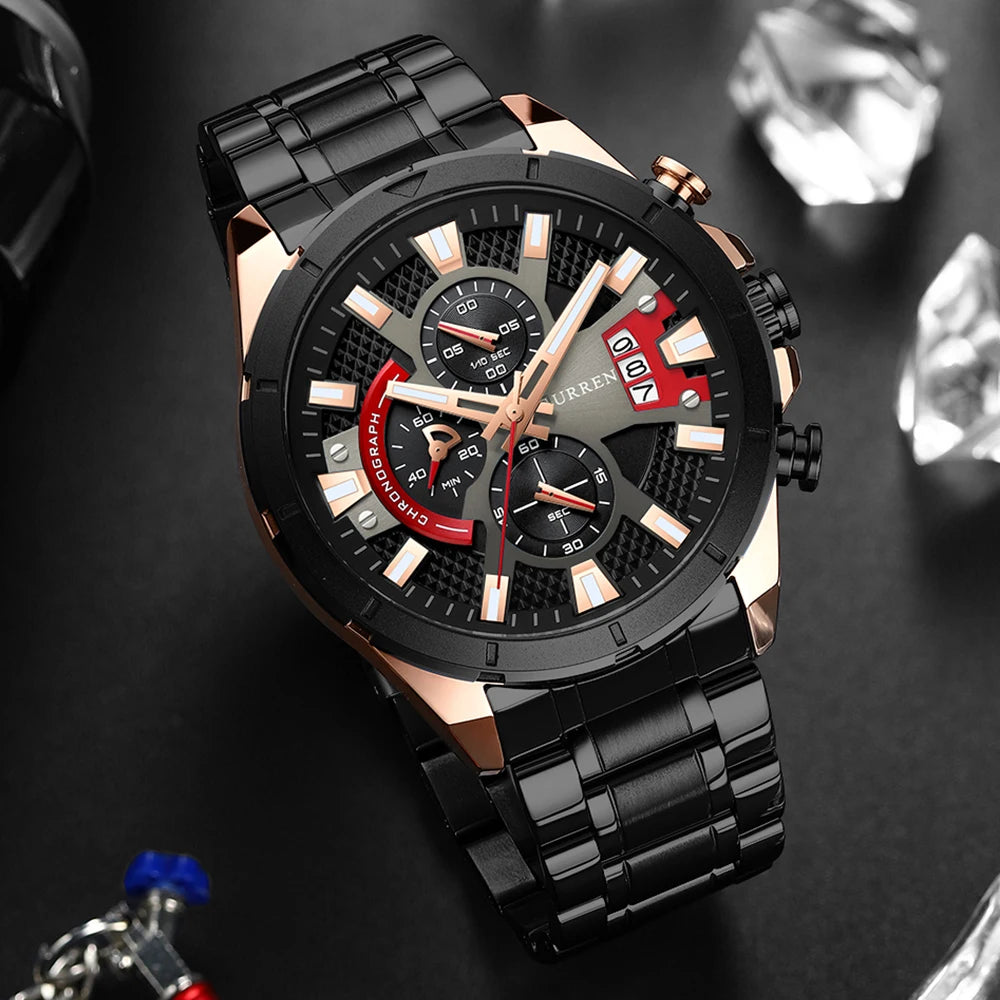 CURREN Sports Big Dial Men's Chronograph Watch with Matte Stainless Steel Band Luminous Hands Casual Quartz Wristwatch 8401