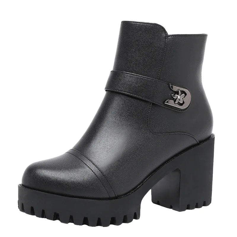 8cm Small Size 32-43 Thick Bottom Motorcycle Boots Women Shoes Winter 2026 Block High Heels Soft Leather Ankle Boots Office Mom