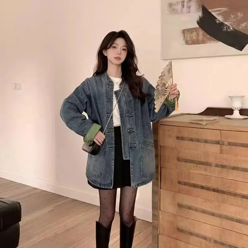 New Chinese Retro Casual Denim Jacket for Women in Spring 2024 Unique Chic Hong Kong Style fat and Slim Cardigan top for Women