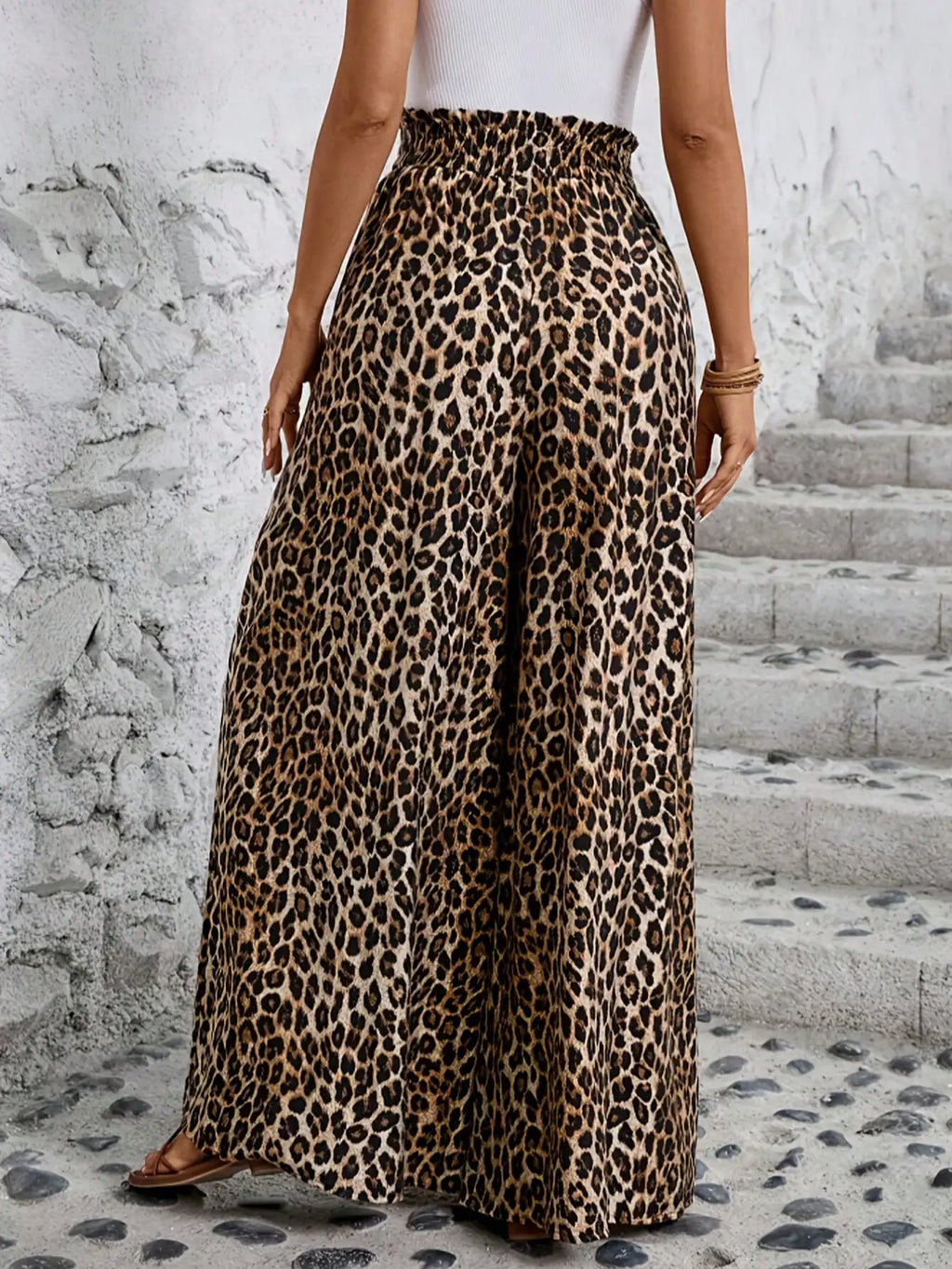 Leopard Print Wide Leg Pants – High Waist Elastic Casual Trousers for Women