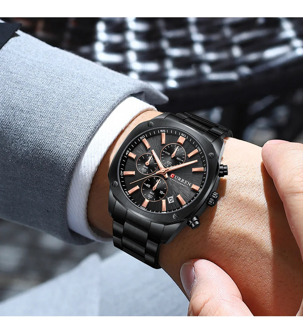 CURREN Modern Men's 42mm Sport Watch - Stainless Steel Band Chronograph & Date,Glow-in-the-Dark Hands, Casual Quartz Wristwatch