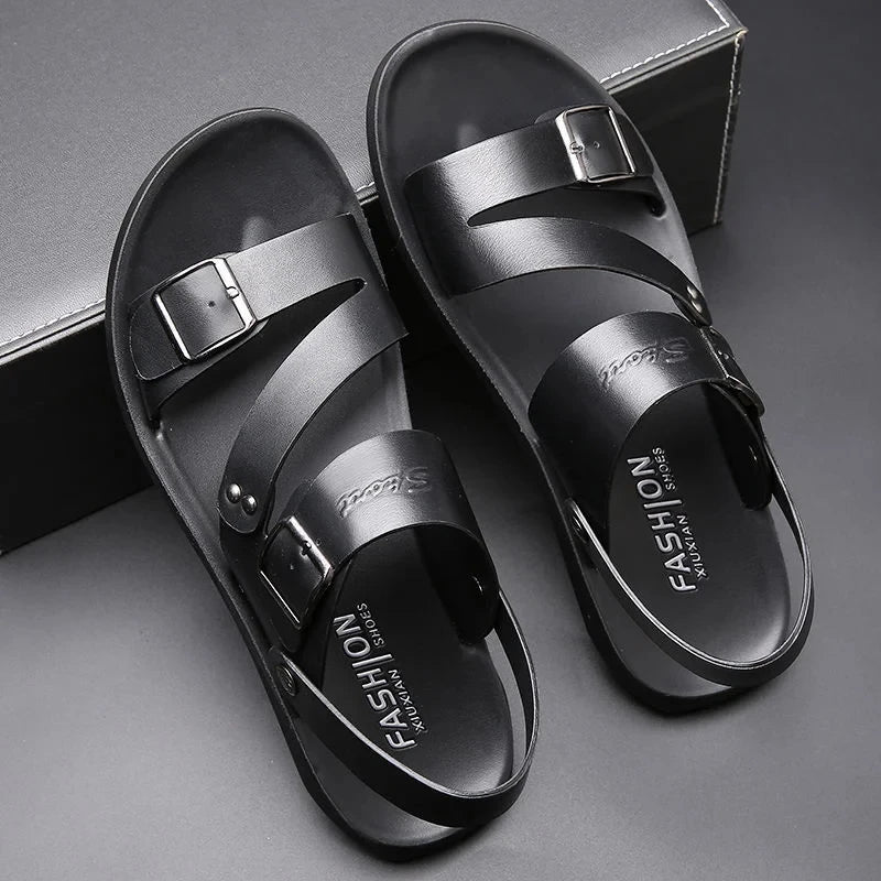Fashion Sandals Male Solid Color PU Leather Men Shoes Summer Comfortable Open Toe Leather Mens Sandals Beach Leather Footwear