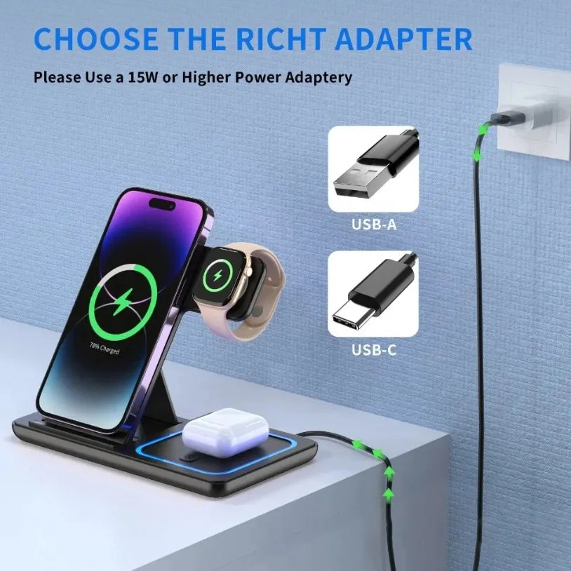 VIKEFON 3 in 1 Foldable Wireless Charging Station for iPhone 17-12 Pro Max iWatch Ultra Airpods Pro Fast Charger Stand Dock