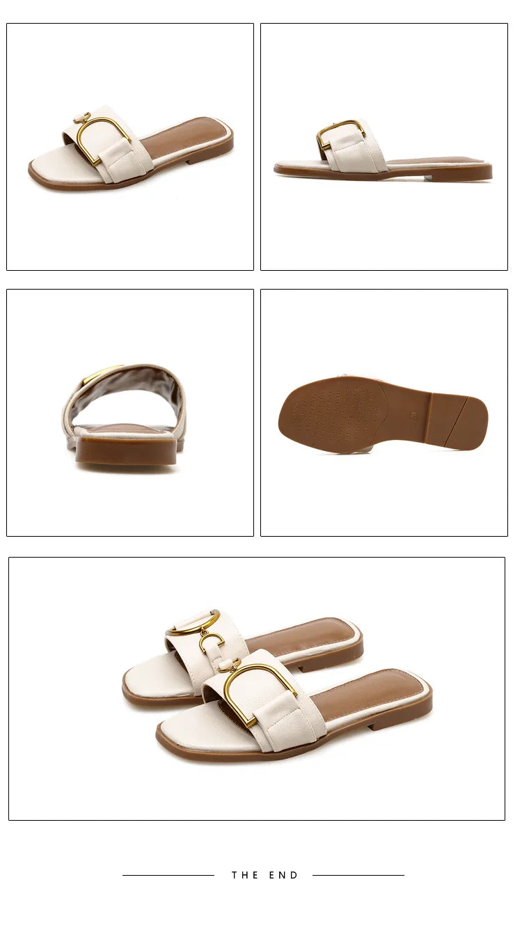 Women's Flat Slippers Summer Leather Square Toe Women Flats Flip Flops Designer Ladies Slides Sandals Women Shoes Luxury Sandals