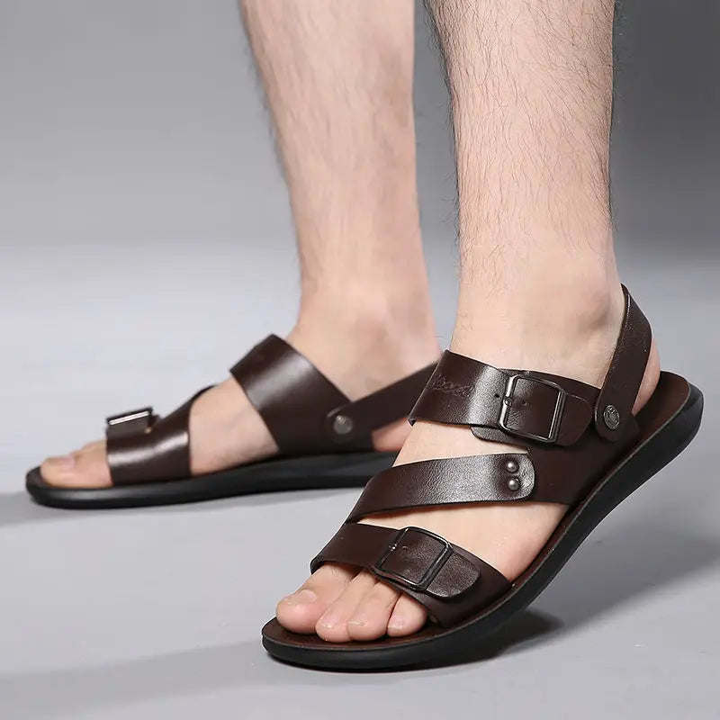 Fashion Sandals Male Solid Color PU Leather Men Shoes Summer Comfortable Open Toe Leather Mens Sandals Beach Leather Footwear