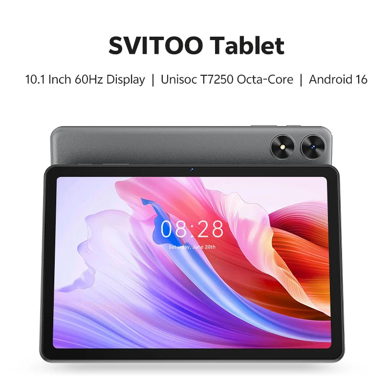 SVITOO Tablet 2026 Android 16 10.1 Inch IPS HD Screen Unisoc T7250 Octa-Core Processor 4GB Physical RAM + 16GB Virtual RAM 128GB ROM 1TB Expandable 6600mAh Battery 2.4GHz 5GHz WiFi 5 Bluetooth 5.0 GPS Widevine L1 With Case Ta