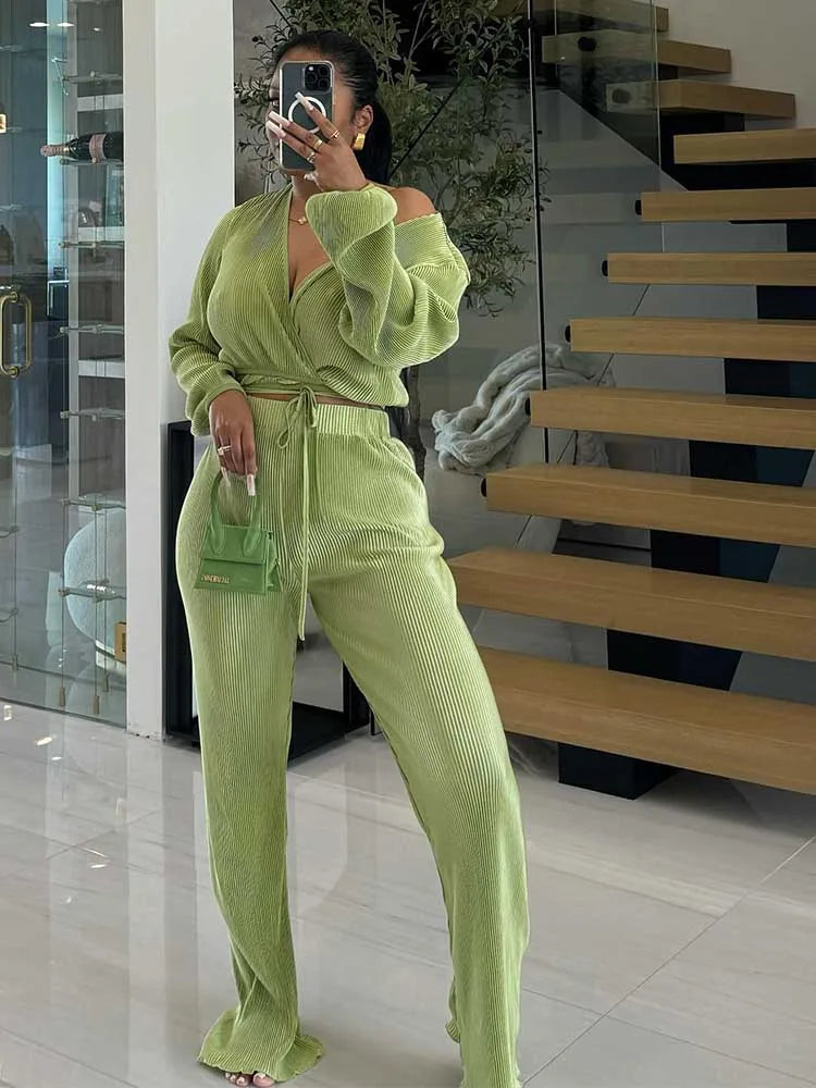 Elegant Draped Lounge Set – 2-Piece V-Neck Top & Elastic Waist Pants Outfit for Women