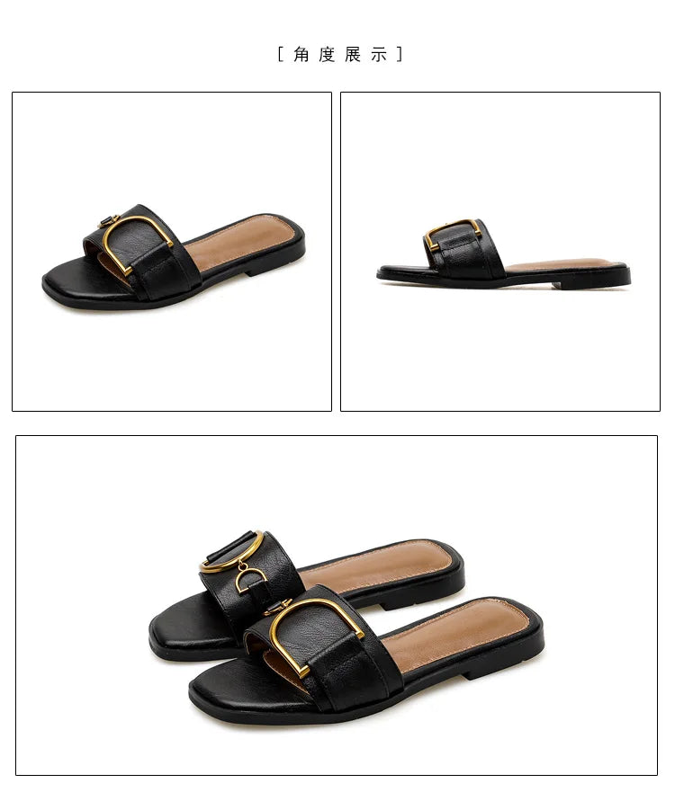 Women's Flat Slippers Summer Leather Square Toe Women Flats Flip Flops Designer Ladies Slides Sandals Women Shoes Luxury Sandals