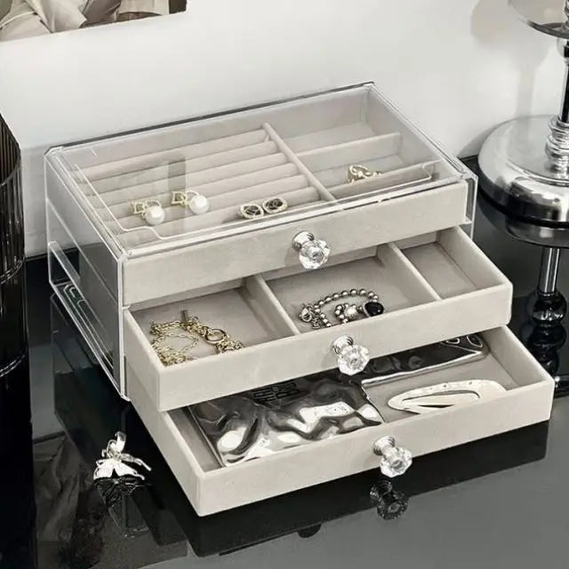 1PC Stackable 3 Layers Drawer Style Jewelry Box Beige Gray Desktop Storage Organizer for Earrings Rings Necklaces Bracelets