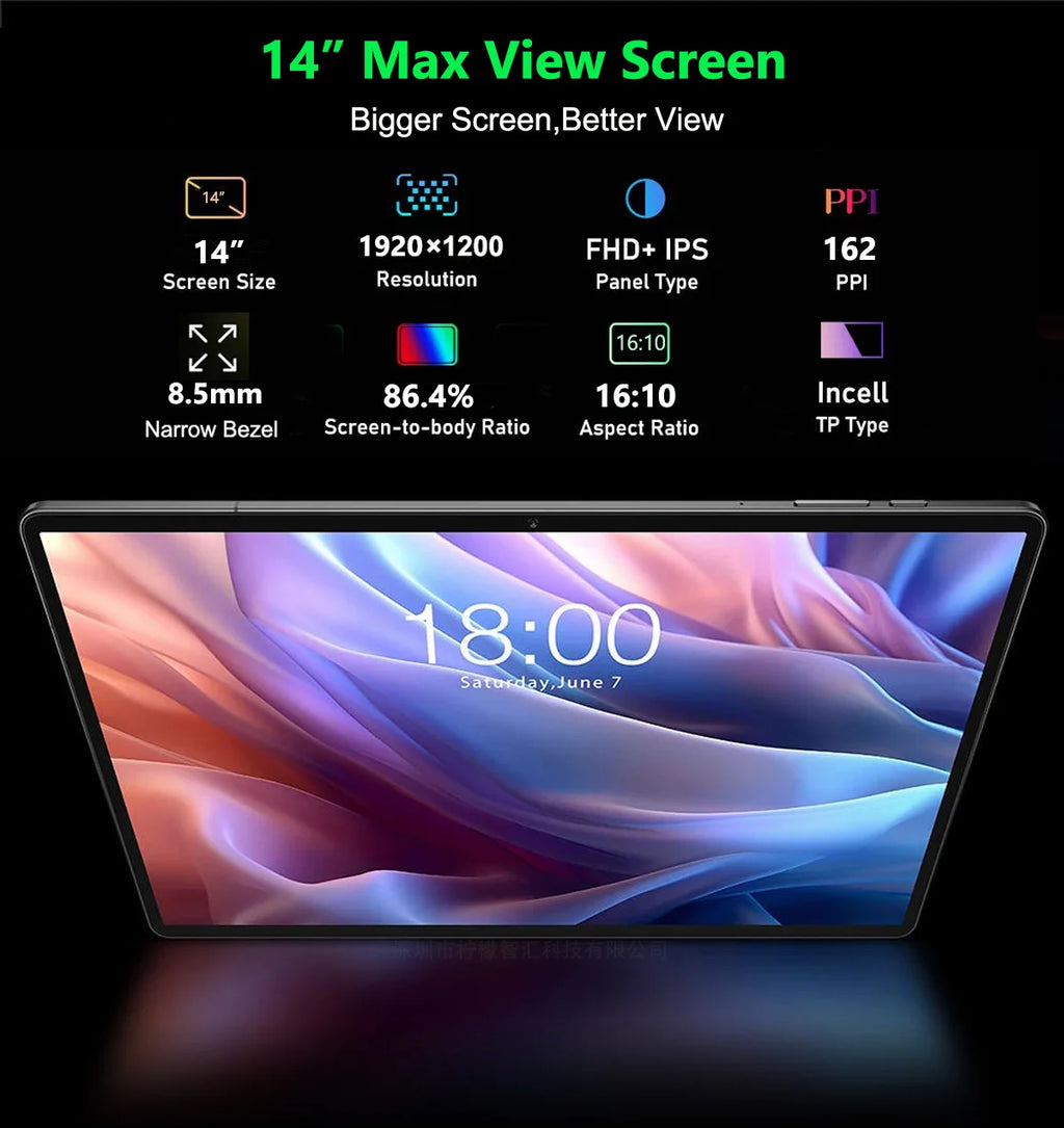 Mpad15 Large Screen 14 inch Tablet 16GB+512GB 1920*1200 IPS 4G Phone Call Android 15 Tablet 14' Octa Core 32+8MP Bluetooth WiFi