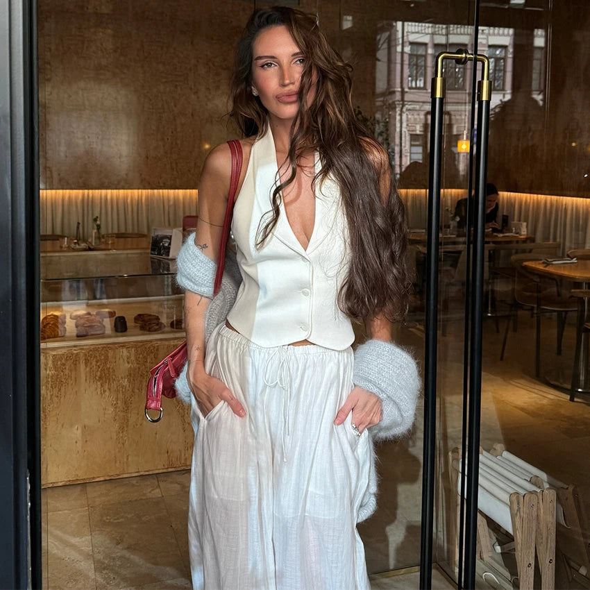 Linad Street Loose White Bloomers Pants Women Summer Elastic Waist Trousers Fashion Lace Up See Through Pants Female 2025 Sexy