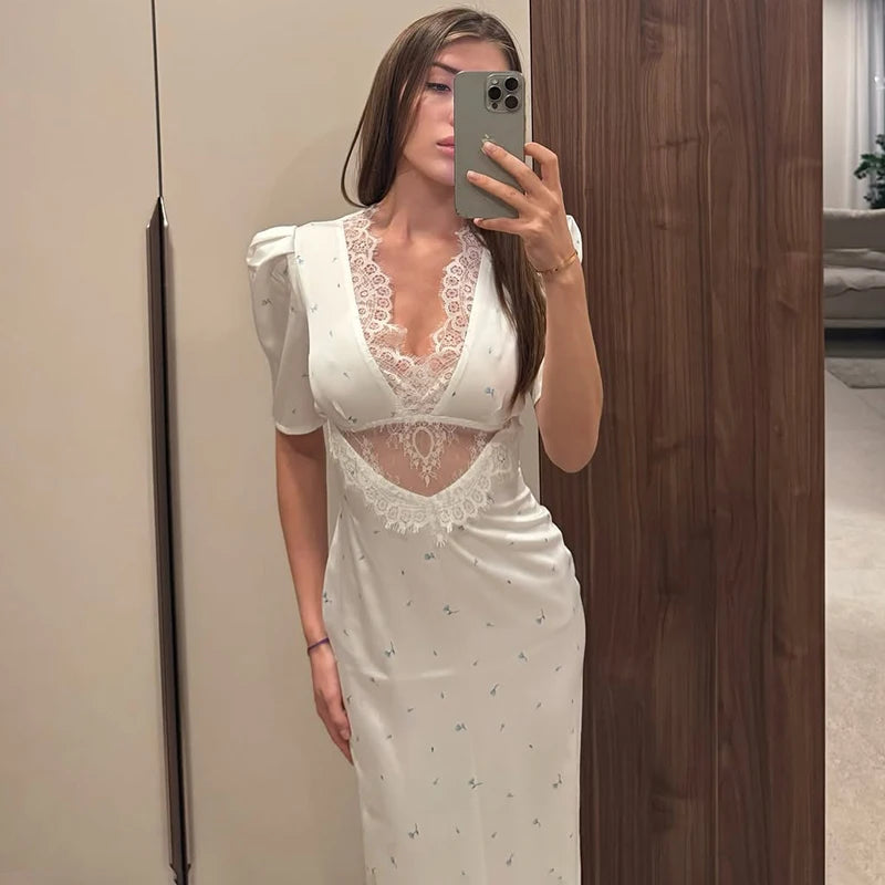 Sexy Hollow Lace Dress Women's Fashion Short Sleeve Elegant High Waist Slim Print Dress Summer Party Club Clothes Female 2026
