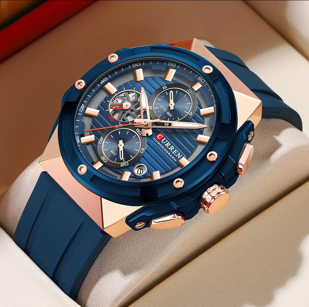 CURREN Sporty Men's Watch with Chronograph & Luminous Hands - Silicone Strap Quartz Wristwatch for Man Auto Date Business Casual
