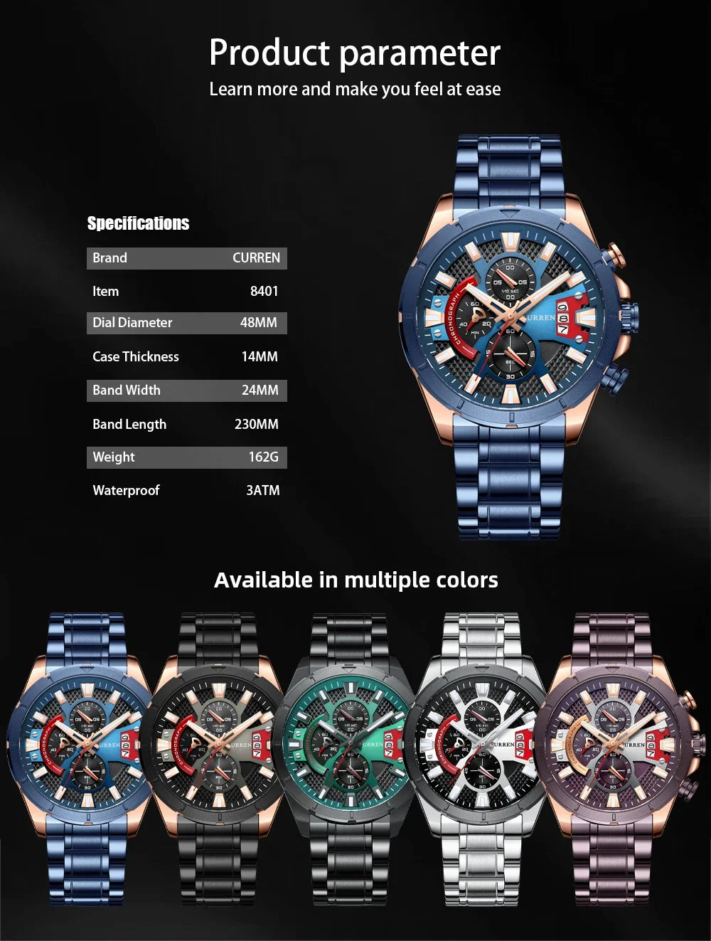 CURREN Sports Big Dial Men's Chronograph Watch with Matte Stainless Steel Band Luminous Hands Casual Quartz Wristwatch 8401