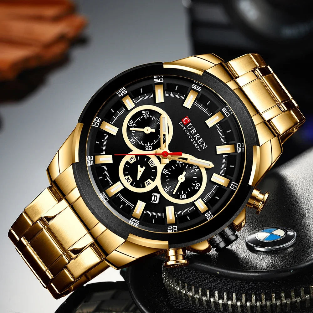 CURREN Men's Chronograph Watch 48mm Big Dial with Stainless Steel Band Triple Sub- Dials Luxury Quartz Sport Wristwatch