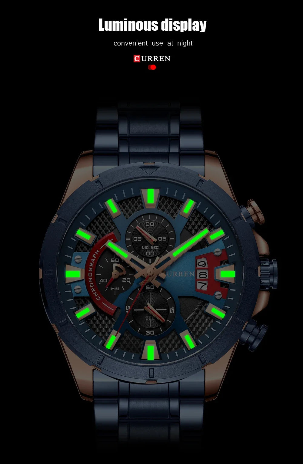 CURREN Sports Big Dial Men's Chronograph Watch with Matte Stainless Steel Band Luminous Hands Casual Quartz Wristwatch 8401
