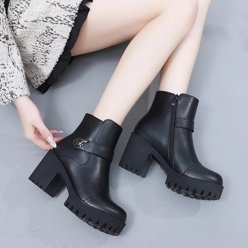8cm Small Size 32-43 Thick Bottom Motorcycle Boots Women Shoes Winter 2026 Block High Heels Soft Leather Ankle Boots Office Mom