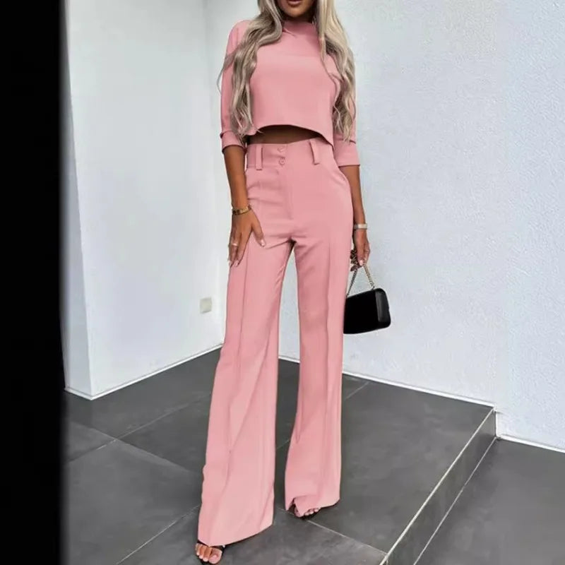 Modern Relaxed Two-Piece Suit – Casual Loose Fit O-Neck Top & Wide Leg Pants Set