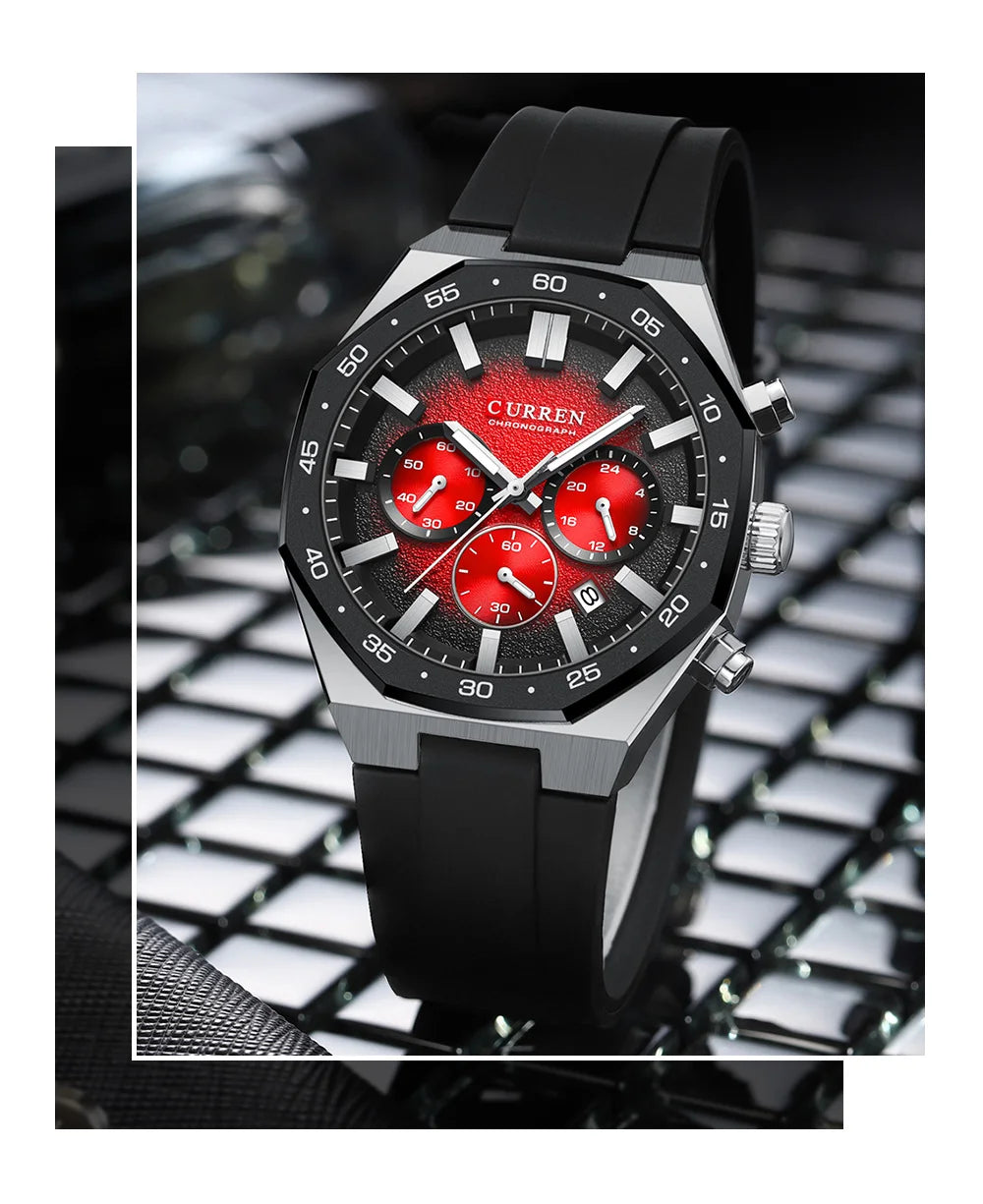 CURREN Fashion Casual Men Sports Watch Chronograph Silicone Belt Auto Date Dial Quartz Wristwatch Male Reloj Relogio Masculino