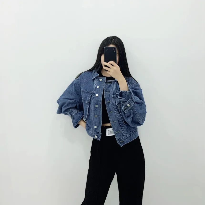 Women Denim Coat Short Jackets Turn Down Collar Full Sleeve Solid Casual Loose Single Breasted Coats Jacket Autumn Winter