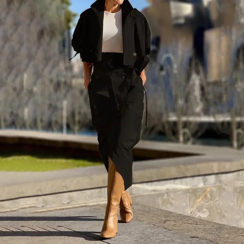 Luxe Urban Cargo Trench & Asymmetrical Skirt Set – Elegant Two-Piece Ensemble