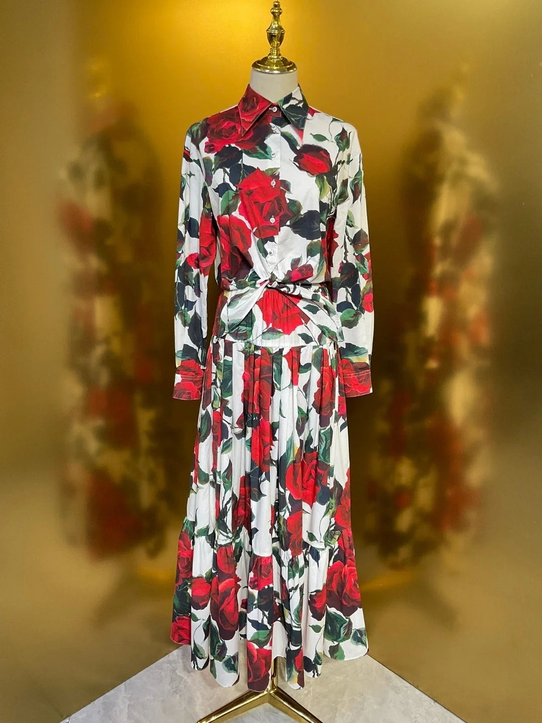 Rose Bloom Luxe Two-Piece Set – Tie-Waist Shirt & Maxi Skirt Outfit for Women