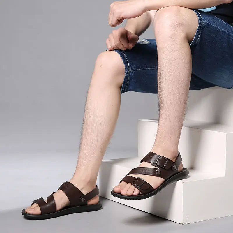 Fashion Sandals Male Solid Color PU Leather Men Shoes Summer Comfortable Open Toe Leather Mens Sandals Beach Leather Footwear